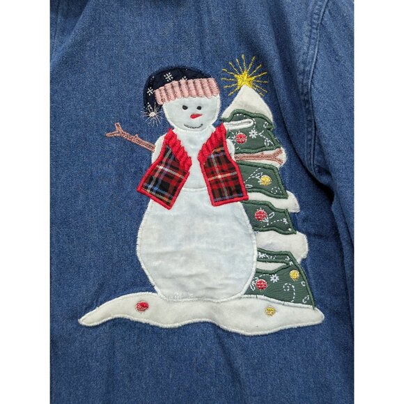 VTG 90s Denim Button Up Shirt Size L Snowman Christmas Grandma Cottagecore Blue - Picture 5 of 10